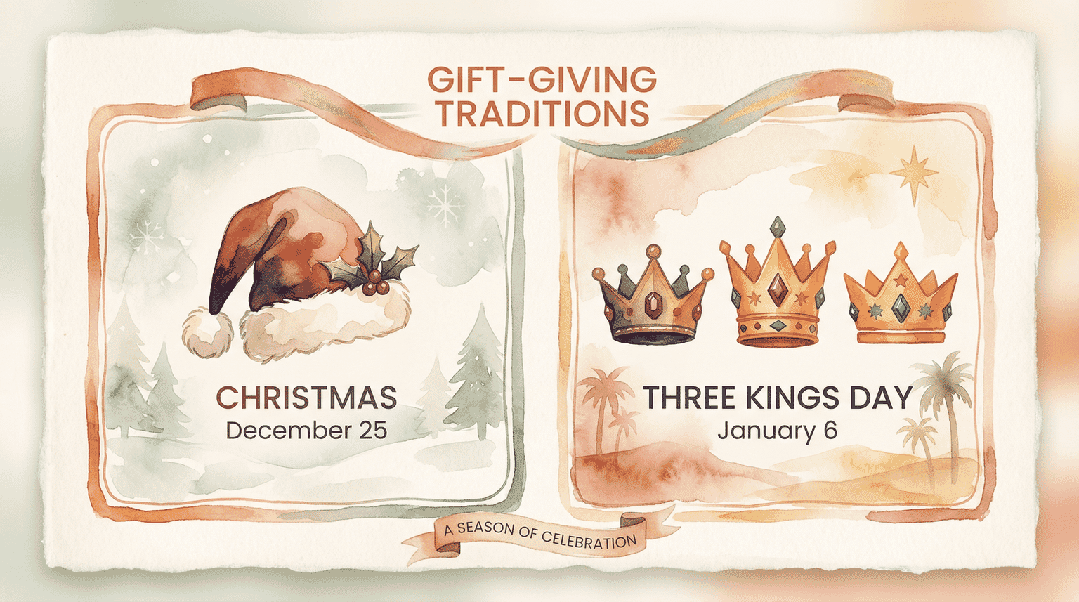 Side-by-side comparison showing Christmas on December 25 and Three Kings Day on January 6