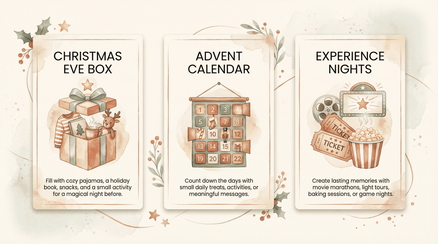 Three tradition ideas showing Christmas Eve Box, Advent Calendar, and Experience Nights