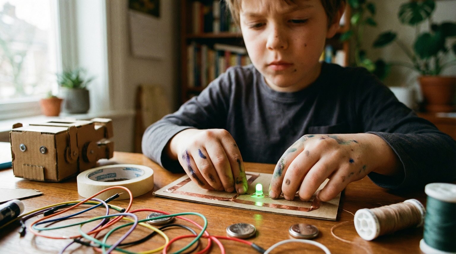School-aged child focused intently on hands-on circuit project with LED stickers and wires at wooden table