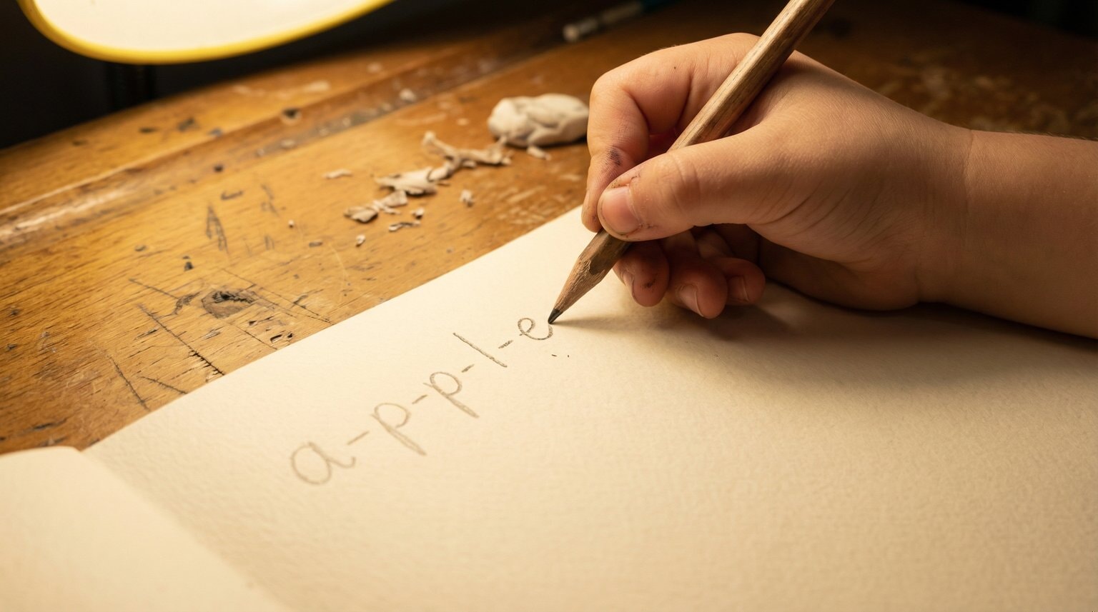 Child's hand gripping pencil while forming letters on cream paper, warm overhead lighting