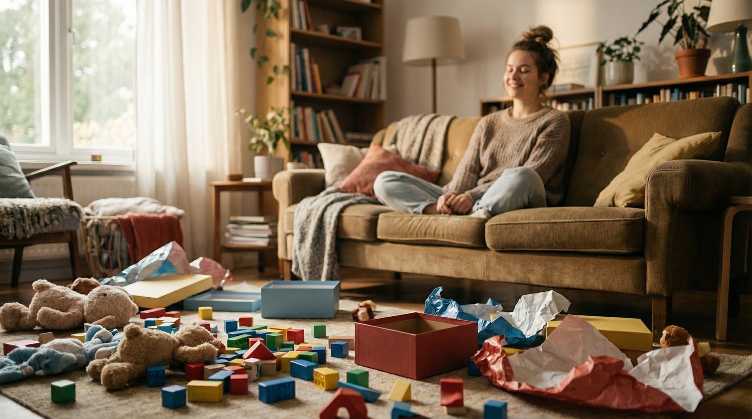 Cluttered living room floor covered with colorful toys and gift boxes while tired mother sits on couch