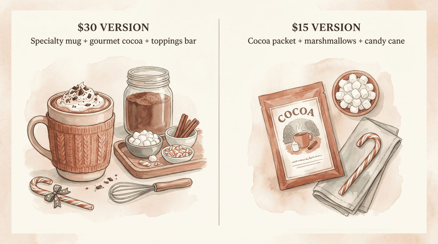 Side by side comparison of simple cocoa setup versus elaborate hot chocolate bar