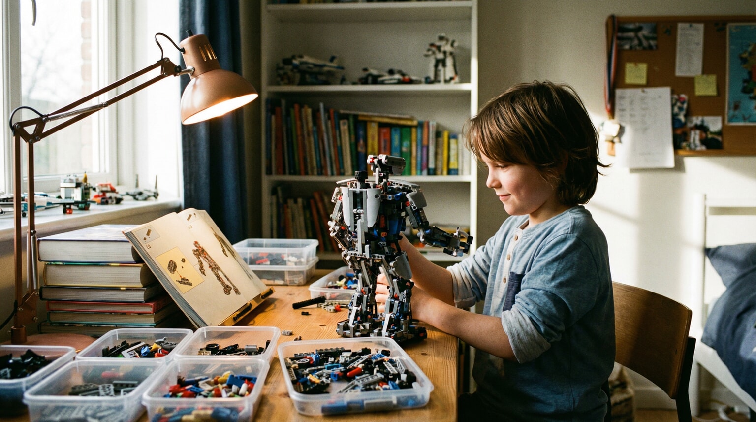 Ten year old working on complex LEGO building project at desk with instruction manual