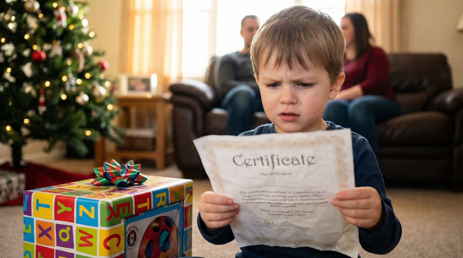 4-year-old with confused expression looking at paper tickets while wrapped toy sits nearby