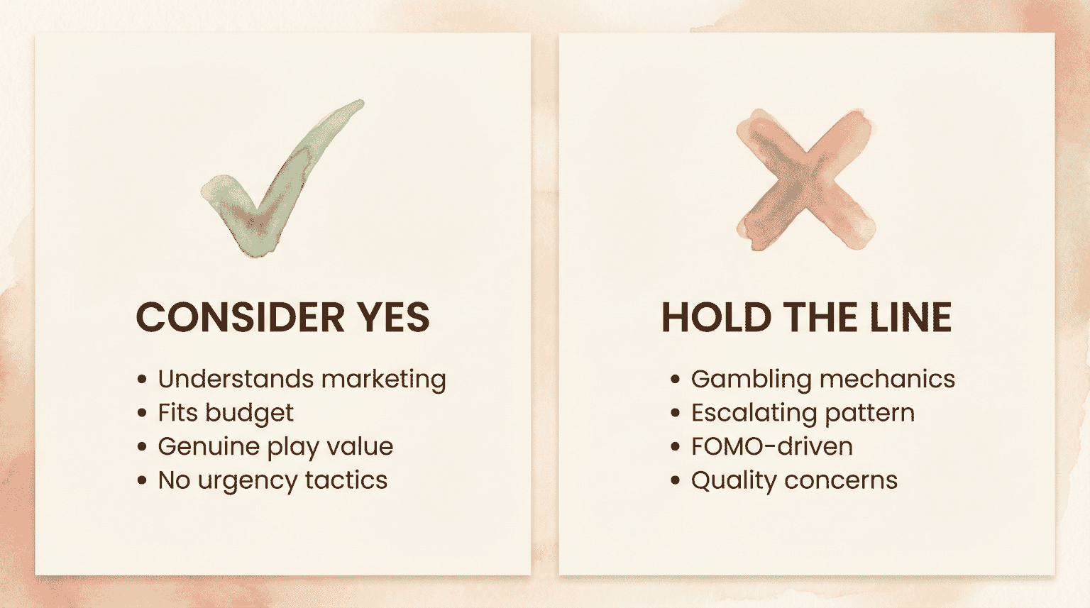Comparison chart showing when to consider yes versus when to hold the line on streamer merchandise purchases