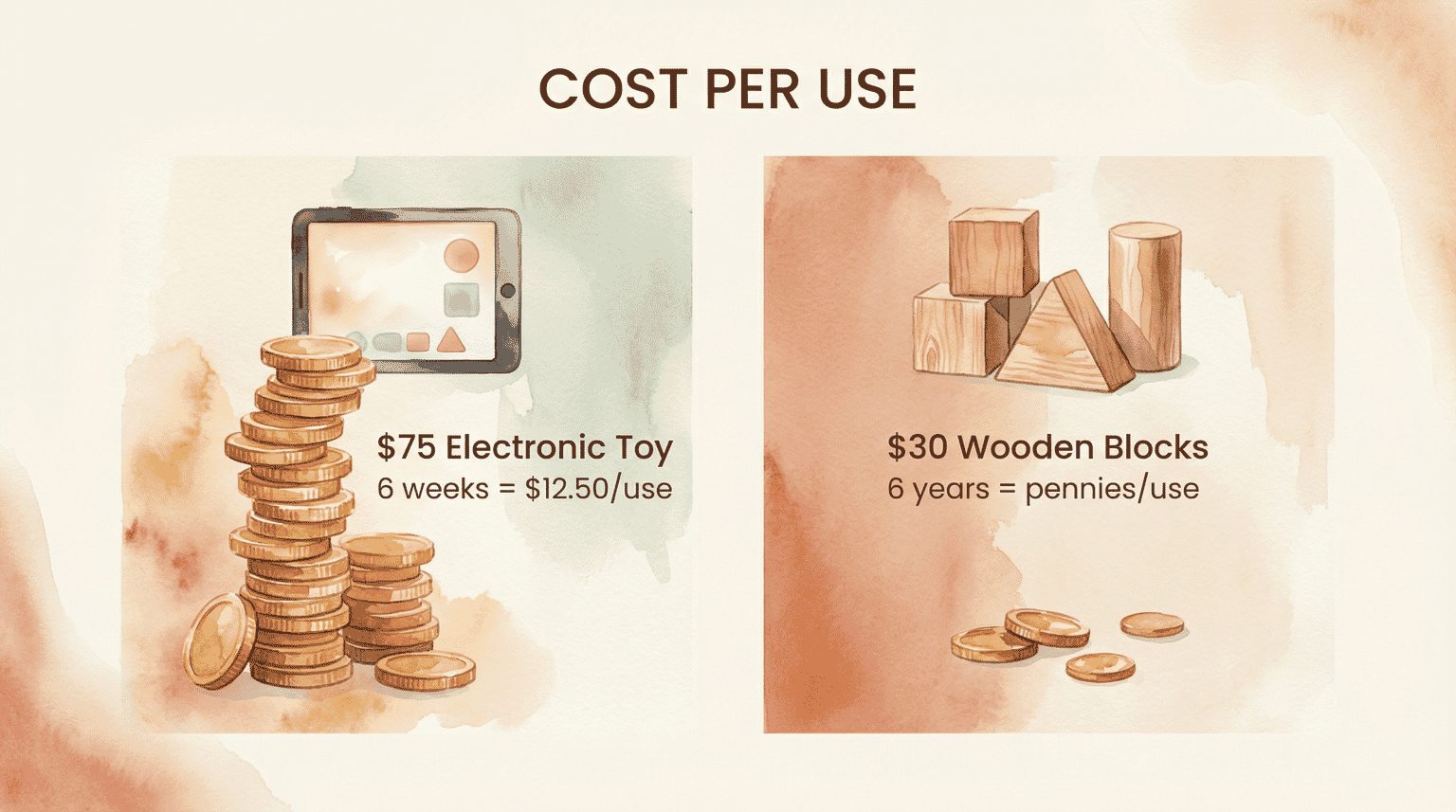 Cost comparison showing 75 dollar electronic toy at 12.50 per use versus 30 dollar wooden blocks at pennies per use
