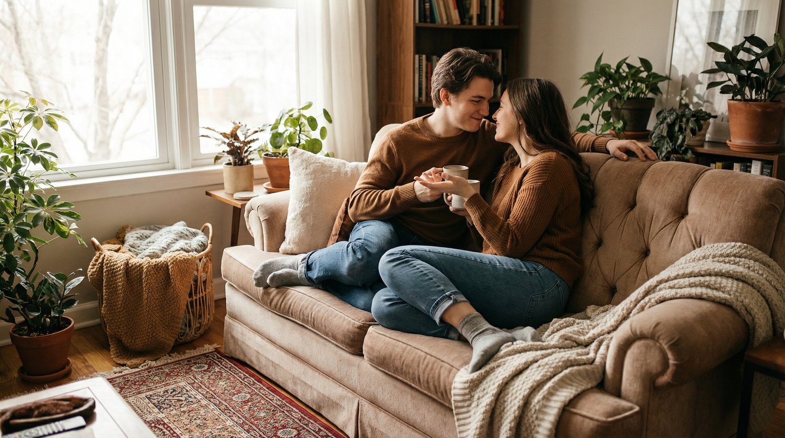 Young couple having calm intimate conversation on couch with open body language and soft natural lighting