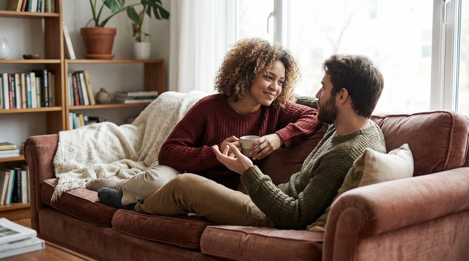 Young couple having an intimate meaningful conversation while sitting together on couch