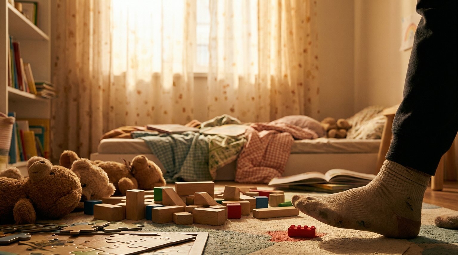 Cozy children's bedroom with toys scattered across floor and morning light streaming through curtains