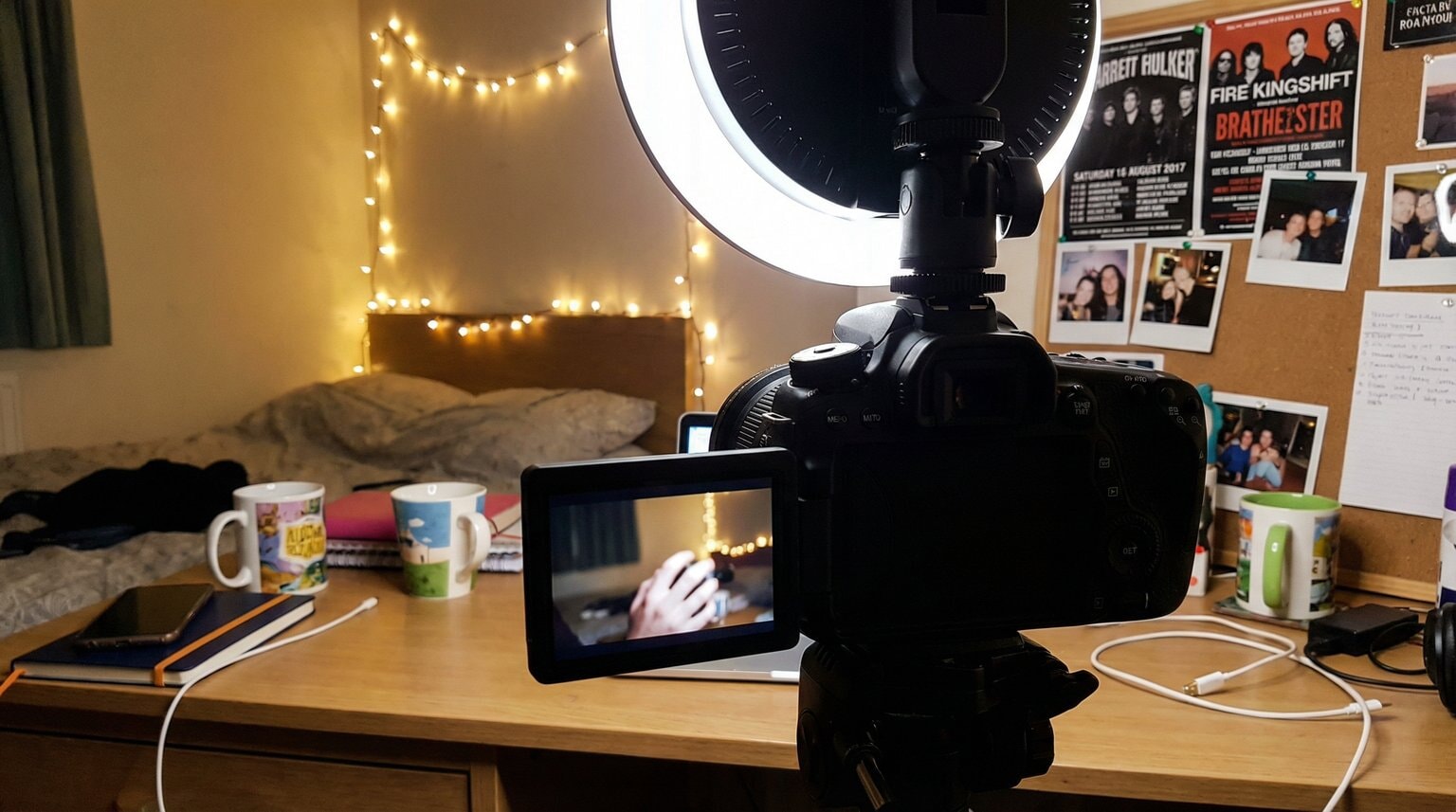 YouTuber filming setup with ring light and camera in cozy bedroom with fairy lights