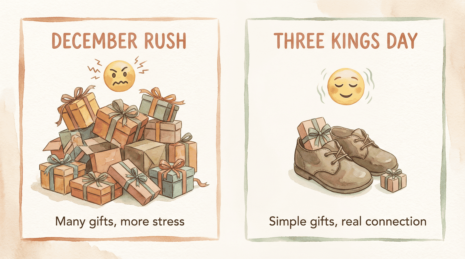 Comparison showing chaotic December gift pile versus simple Three Kings Day shoes with small gift