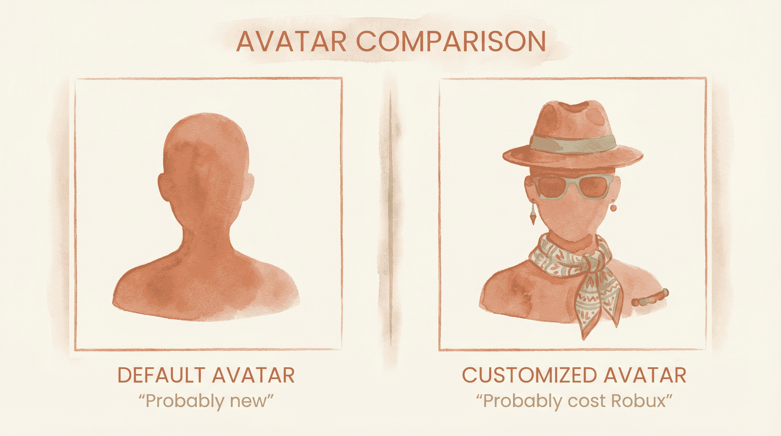 Comparison chart showing default avatar labeled probably new versus customized avatar labeled probably cost Robux