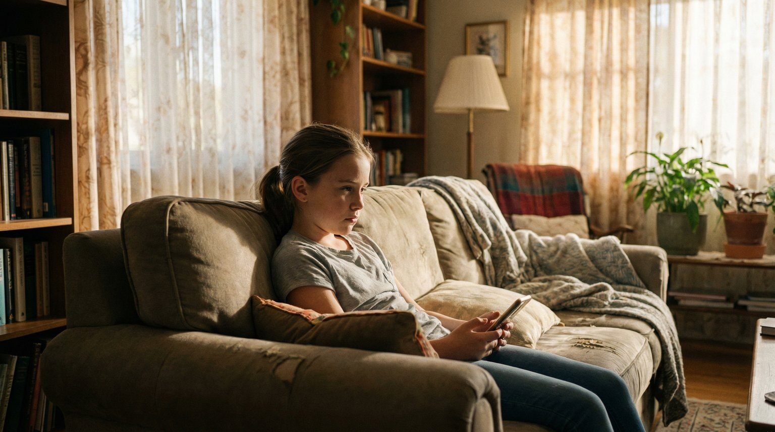 Tween girl slumped on living room couch looking dejected after scrolling on phone