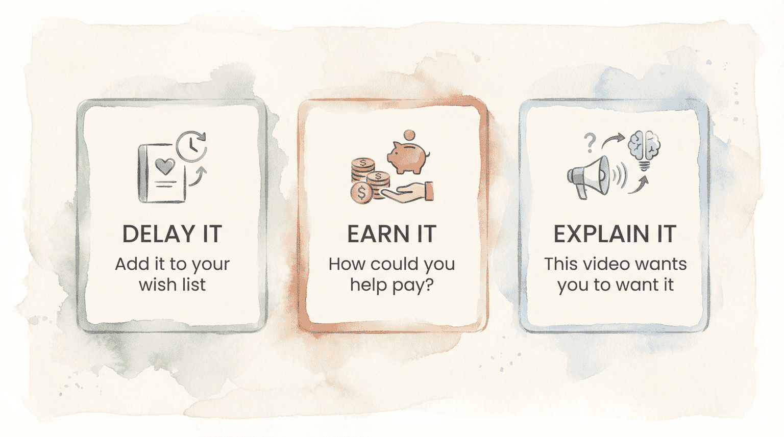 Three strategy cards showing delay it, earn it, and explain it approaches to managing pester power