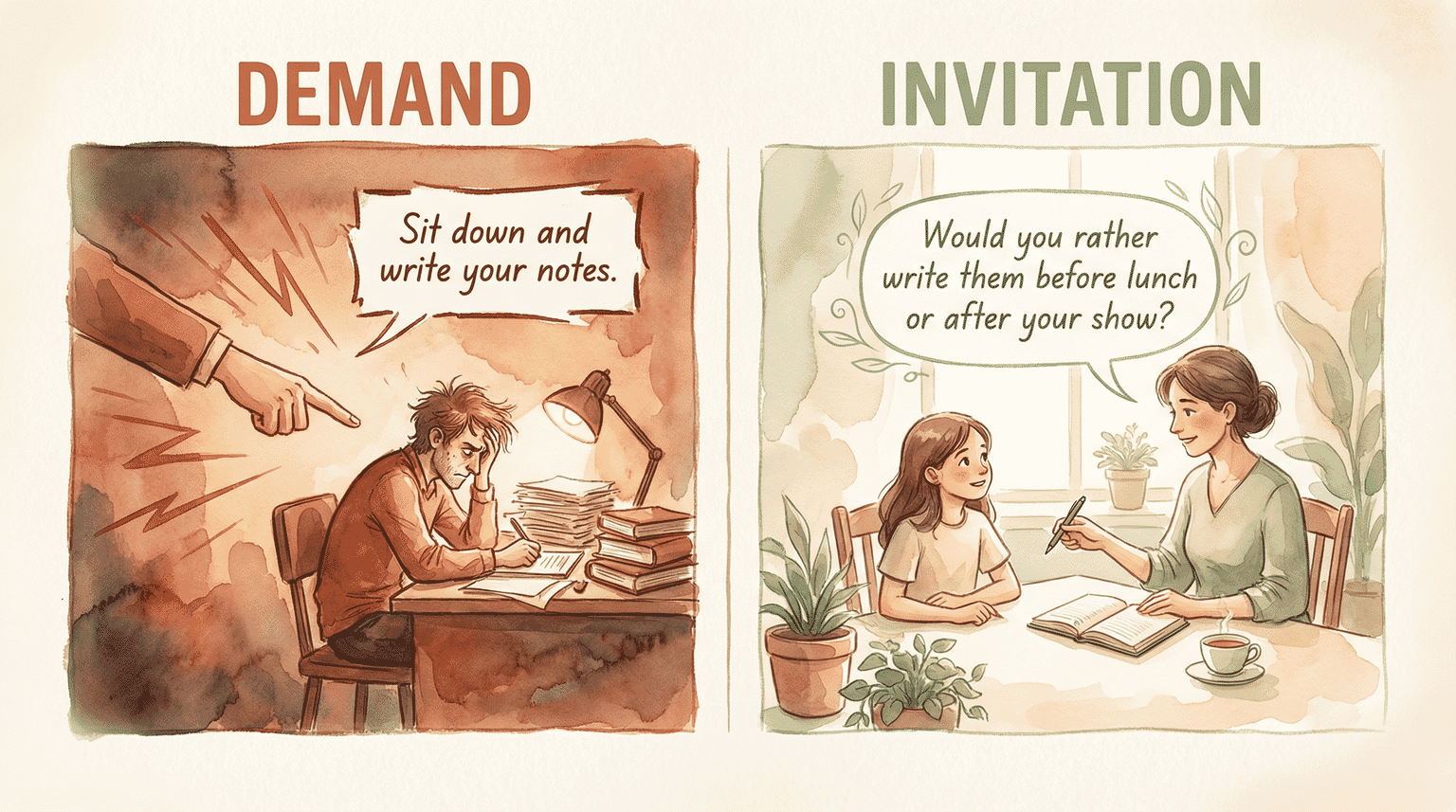 Side-by-side comparison showing demanding approach versus invitation approach for getting kids to write thank you notes