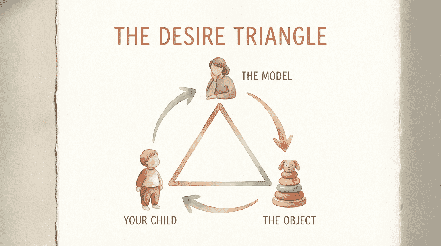 Illustrated triangle diagram showing child, model, and object connected by arrows explaining mimetic desire