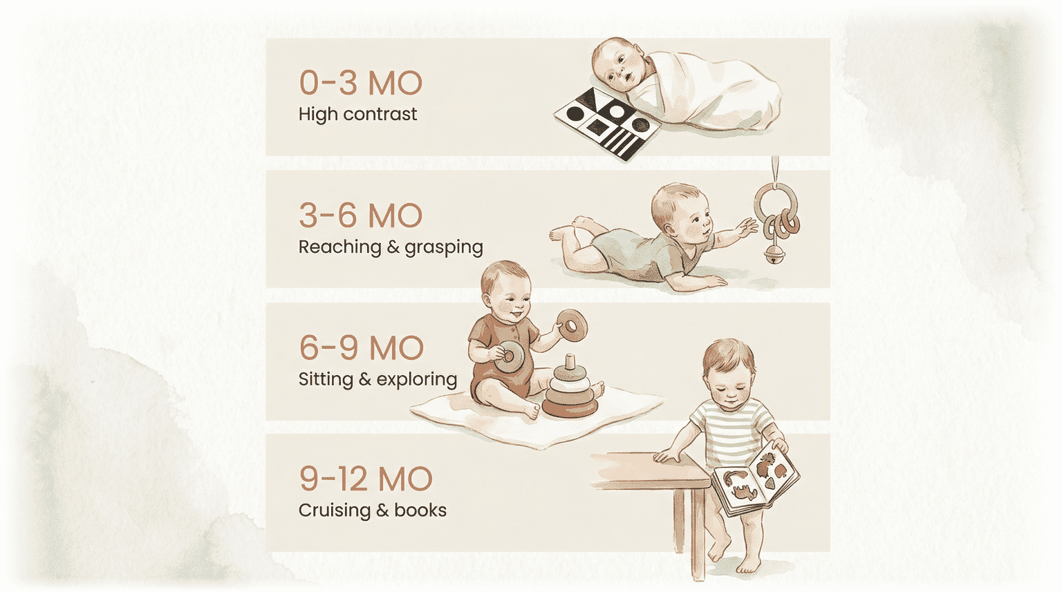 Infographic showing baby development stages from 0-12 months with key milestones