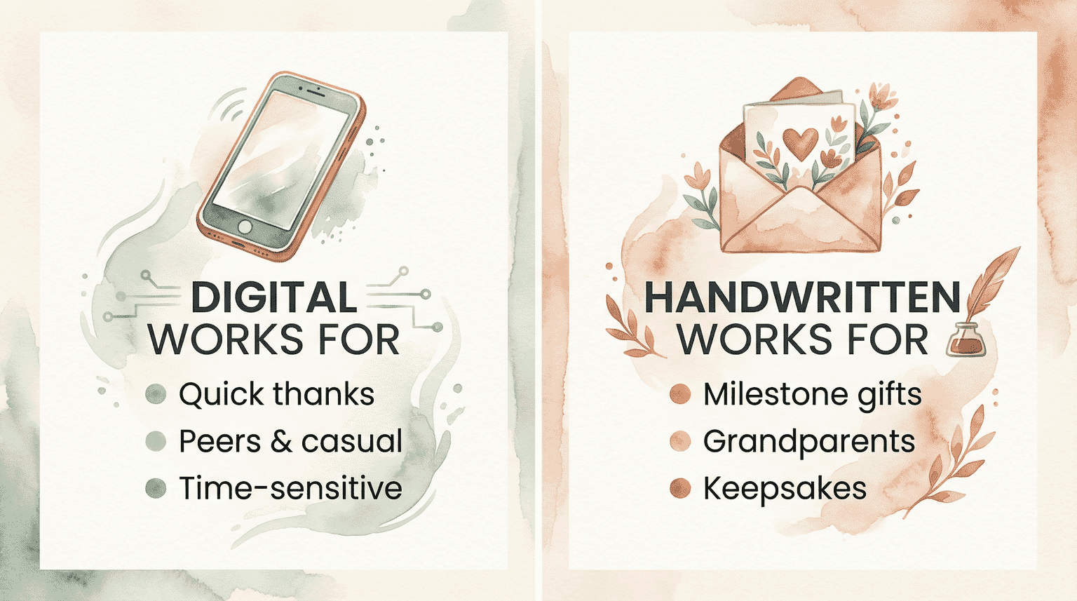 Comparison chart showing when digital thank-yous work for quick casual situations versus handwritten for milestone gifts and grandparents