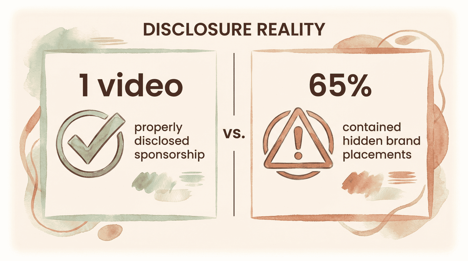 Infographic comparing 1 video with proper disclosure versus 65 percent containing hidden brand placements