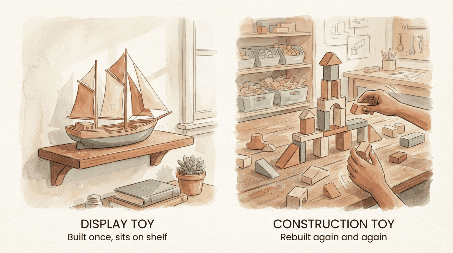 Comparison showing display toys built once versus construction toys rebuilt repeatedly