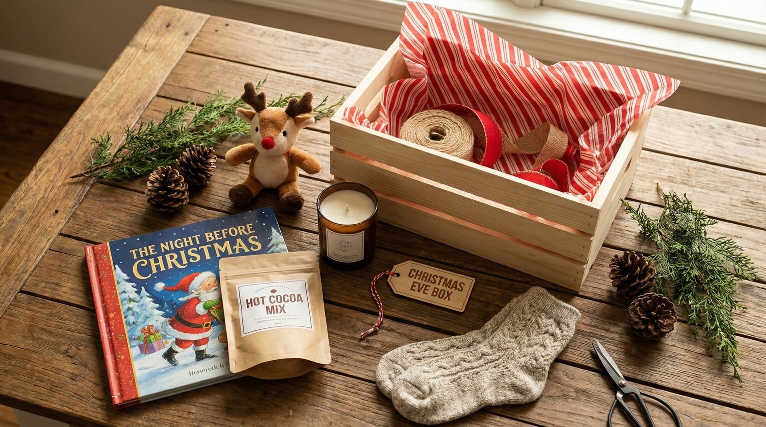 Overhead view of DIY Christmas Eve box materials including wooden crate, tissue paper, and ribbon