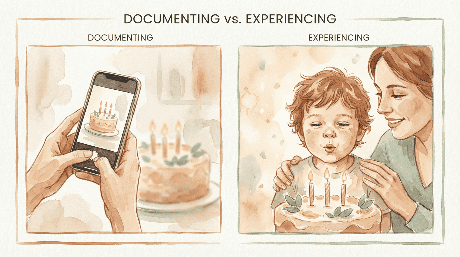 Illustrated comparison of hands filming birthday cake versus child joyfully blowing out candles with present parent