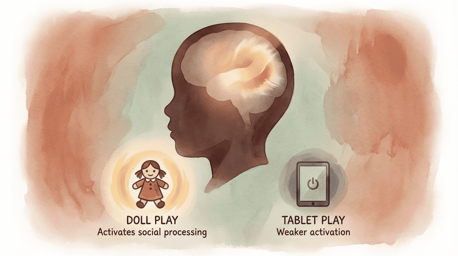 Infographic comparing brain activation during doll play versus tablet play in children