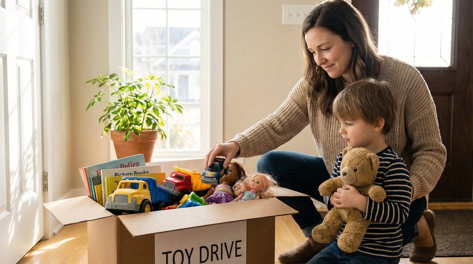 Mother and elementary-aged child placing gently used toys into donation box together
