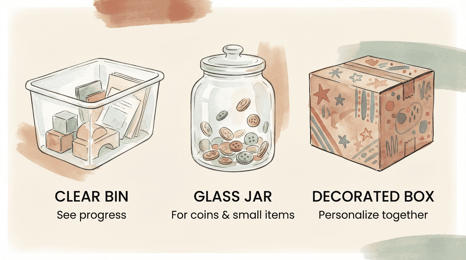 Illustrated guide showing three donation container options at child eye level including clear bin, glass jar, and decorated box