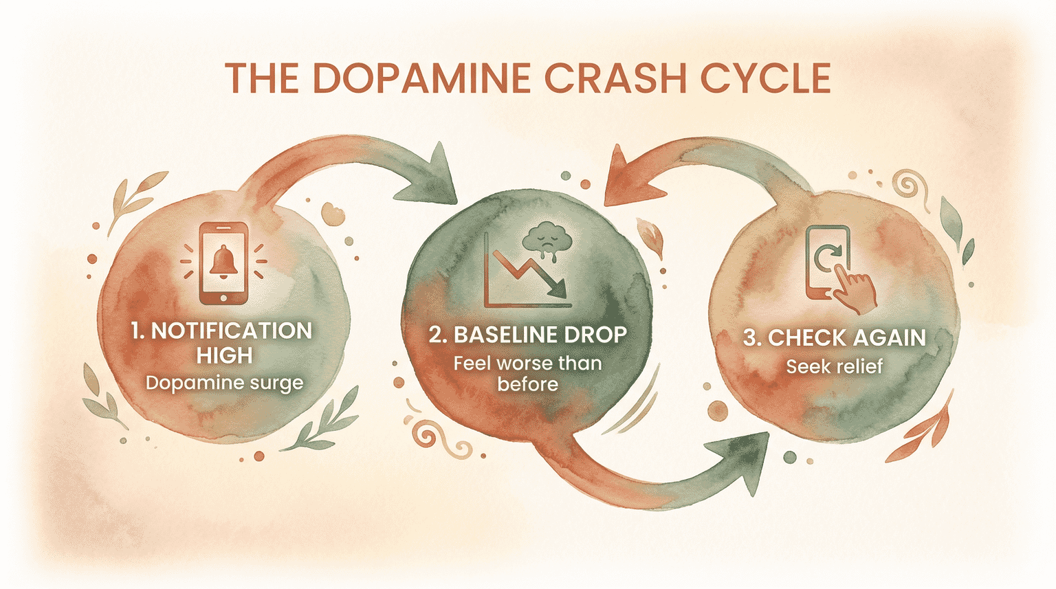 Flow diagram showing three-step dopamine crash cycle from notification high to baseline drop to checking again