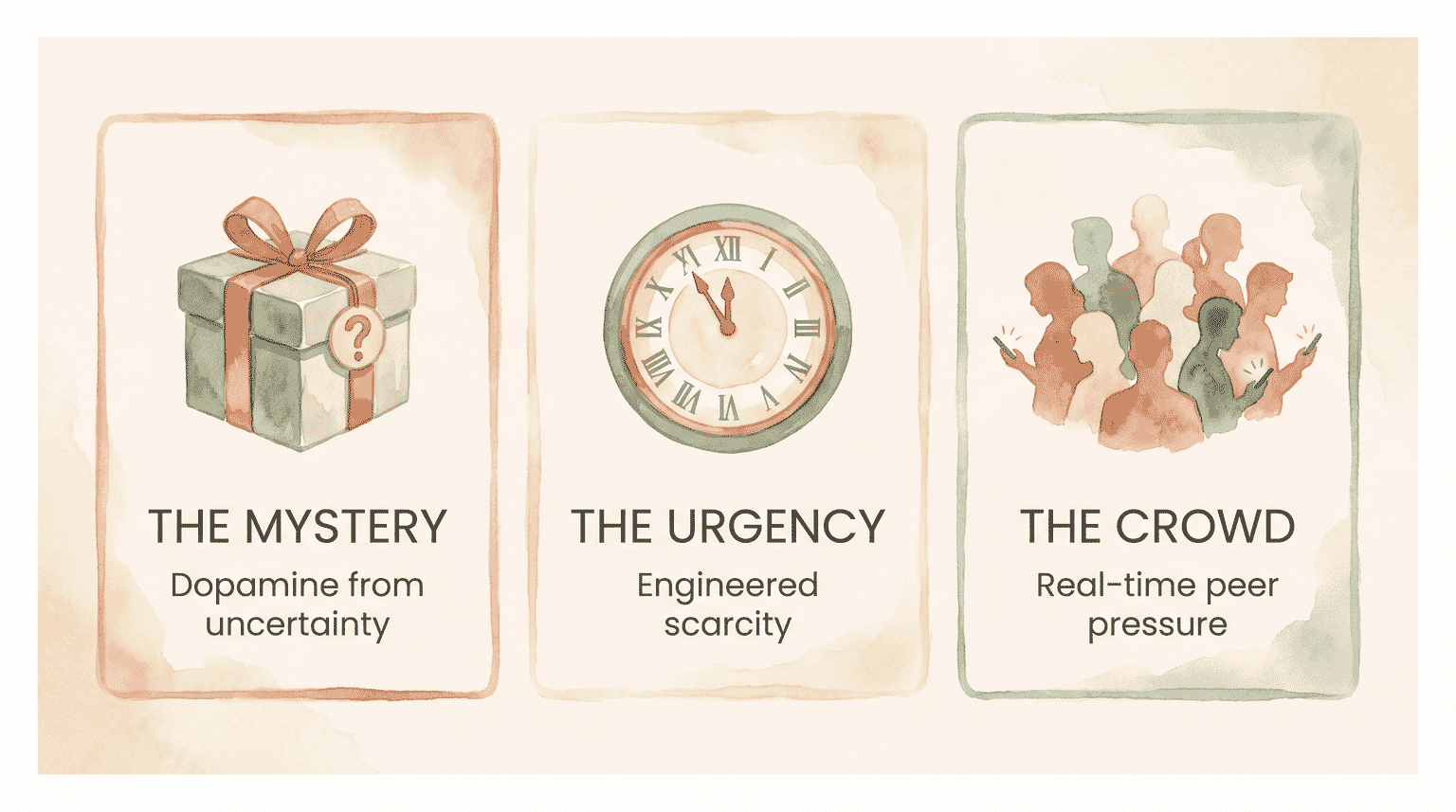 Infographic showing three psychology mechanisms of streamer merchandise: mystery dopamine, engineered urgency, and crowd peer pressure
