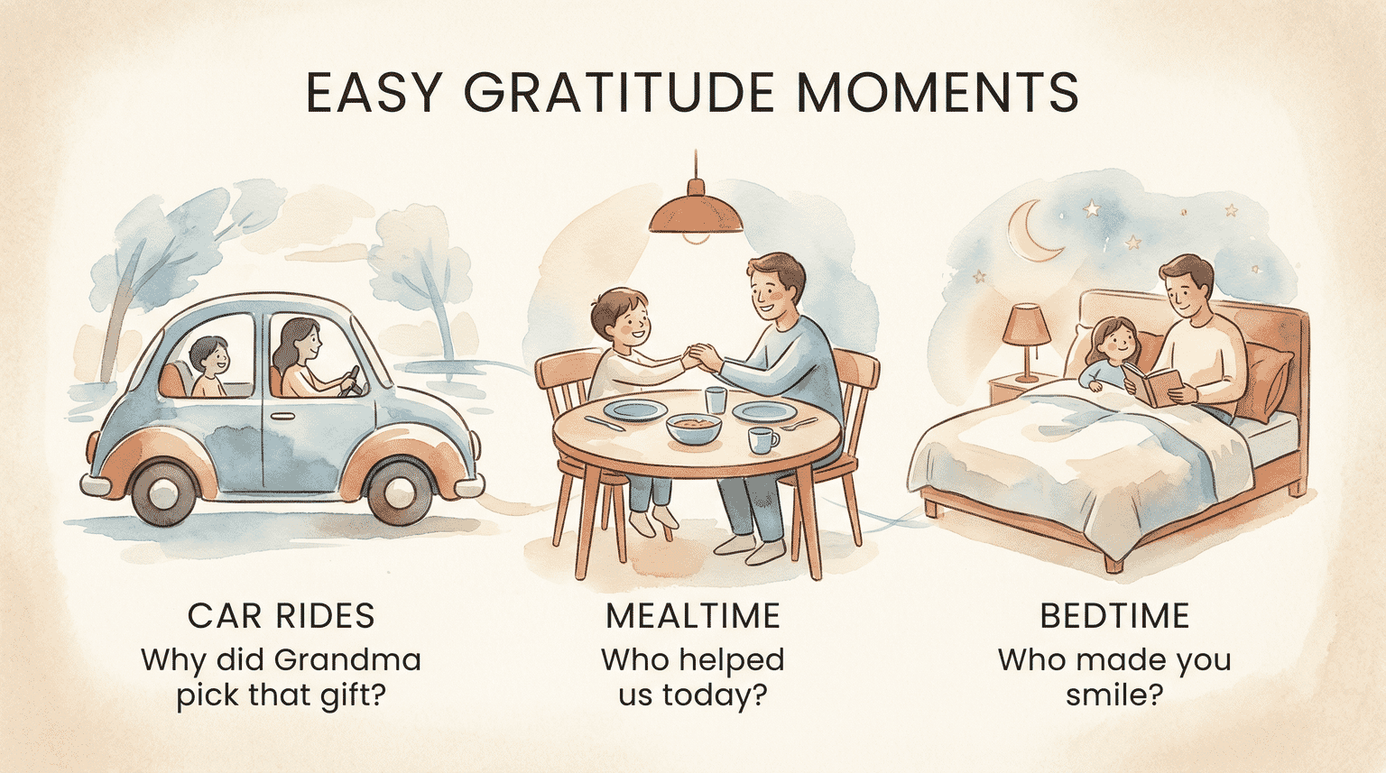 Infographic showing easy gratitude conversation opportunities during car rides, mealtimes, and bedtime