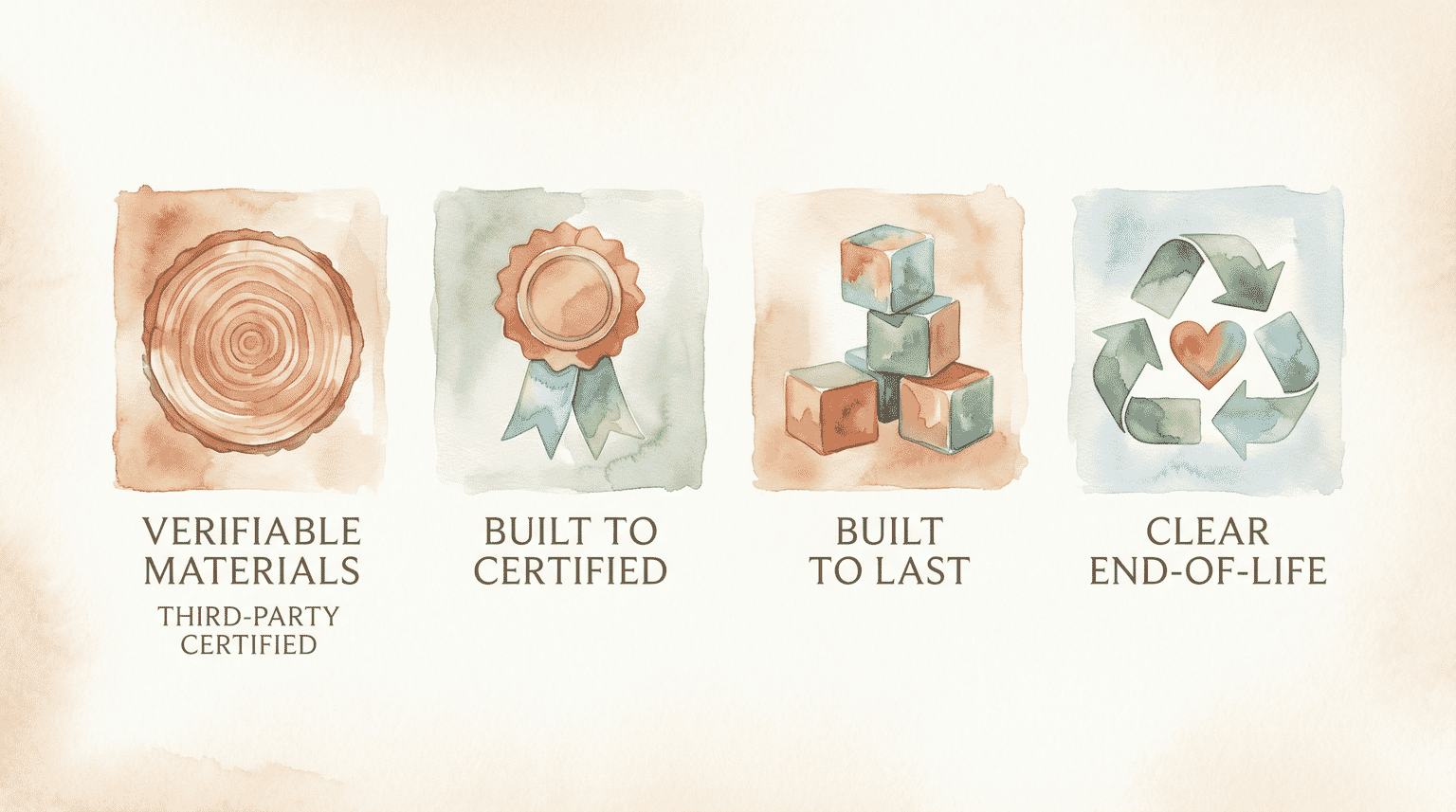 Four-panel infographic showing sustainable toy criteria: verifiable materials, third-party certified, built to last, clear end-of-life