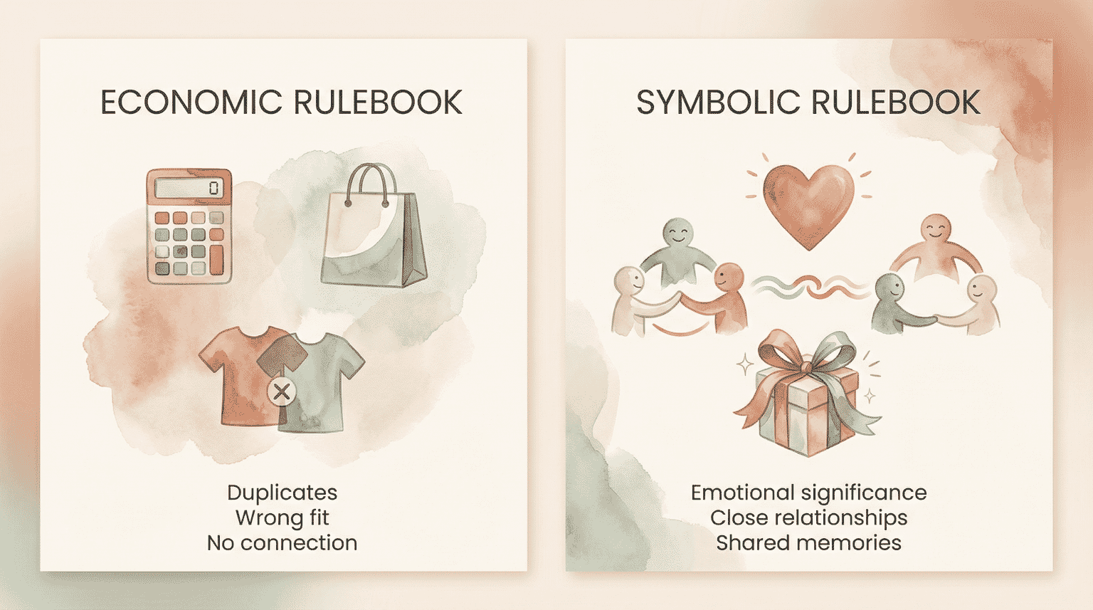 Comparison chart showing Economic Rulebook factors like duplicates and wrong fit versus Symbolic Rulebook factors like emotional significance and close relationships