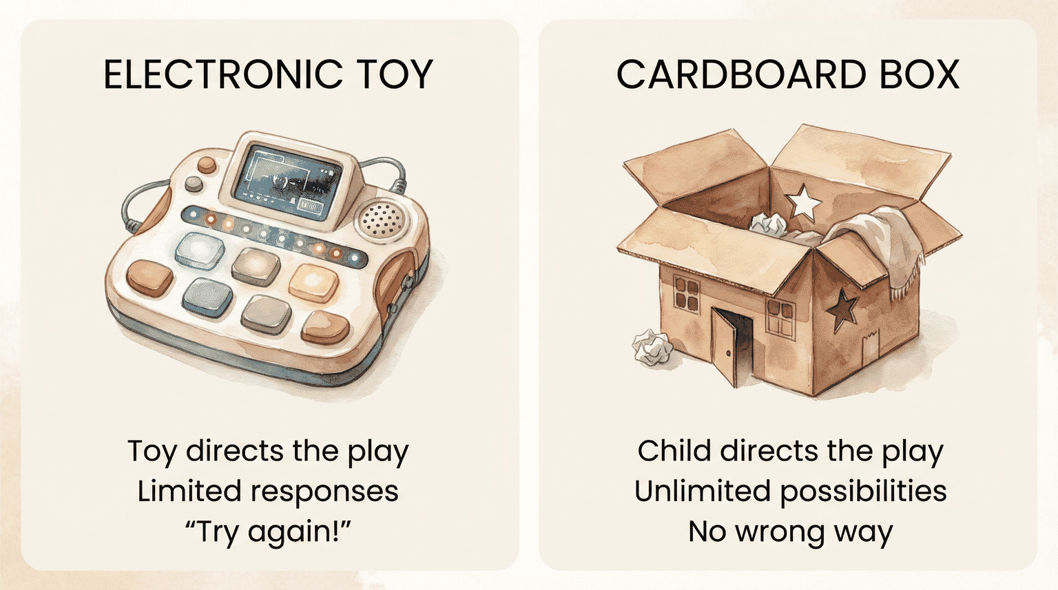 Comparison chart showing electronic toy directing play with limited responses versus cardboard box with child-led unlimited possibilities