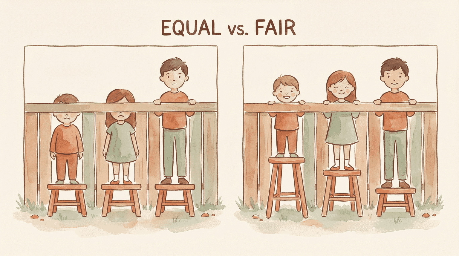 Side-by-side illustration showing equal same-height stools versus fair different-height stools helping all children see over fence