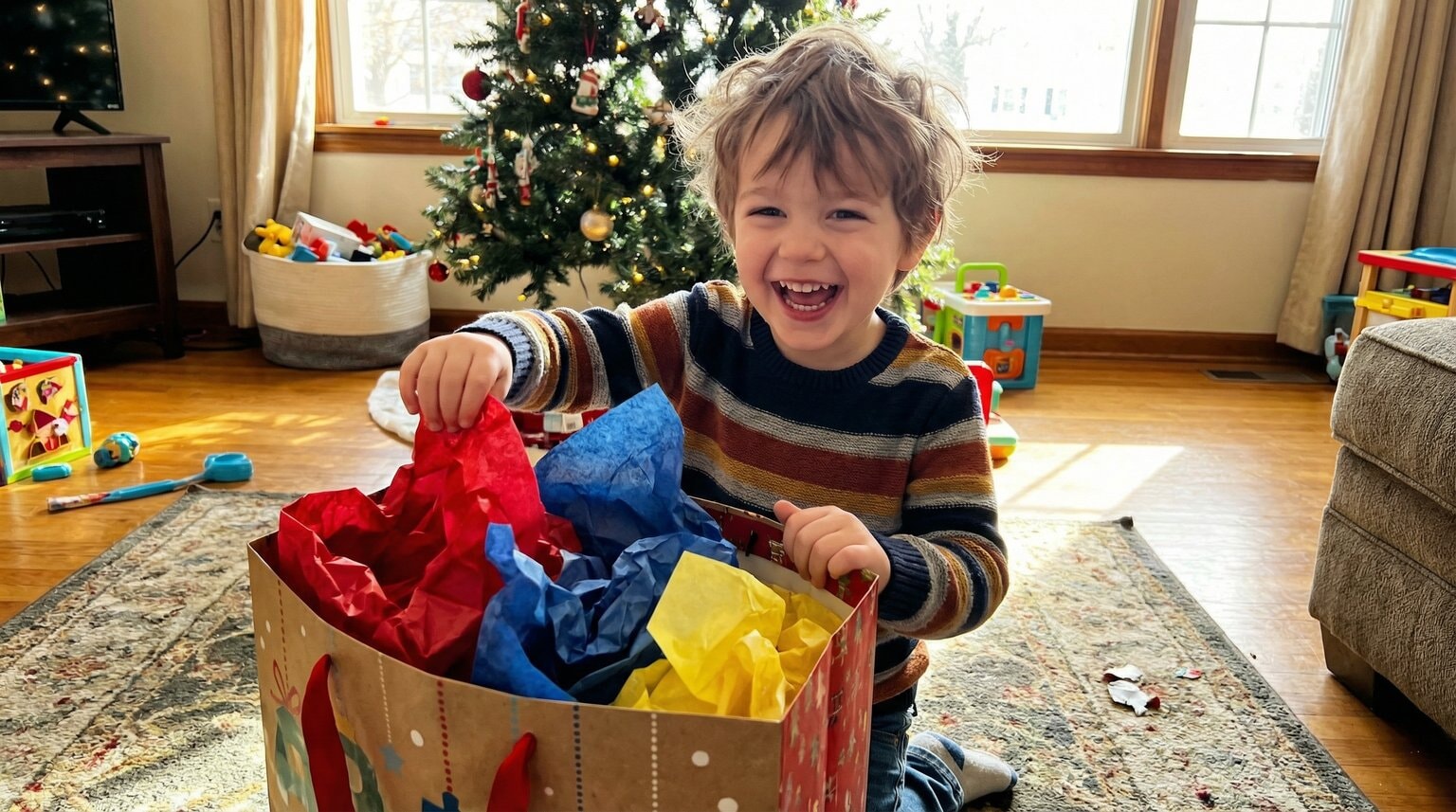 Young child peeking excitedly into gift bag with wide eyes and big grin at party