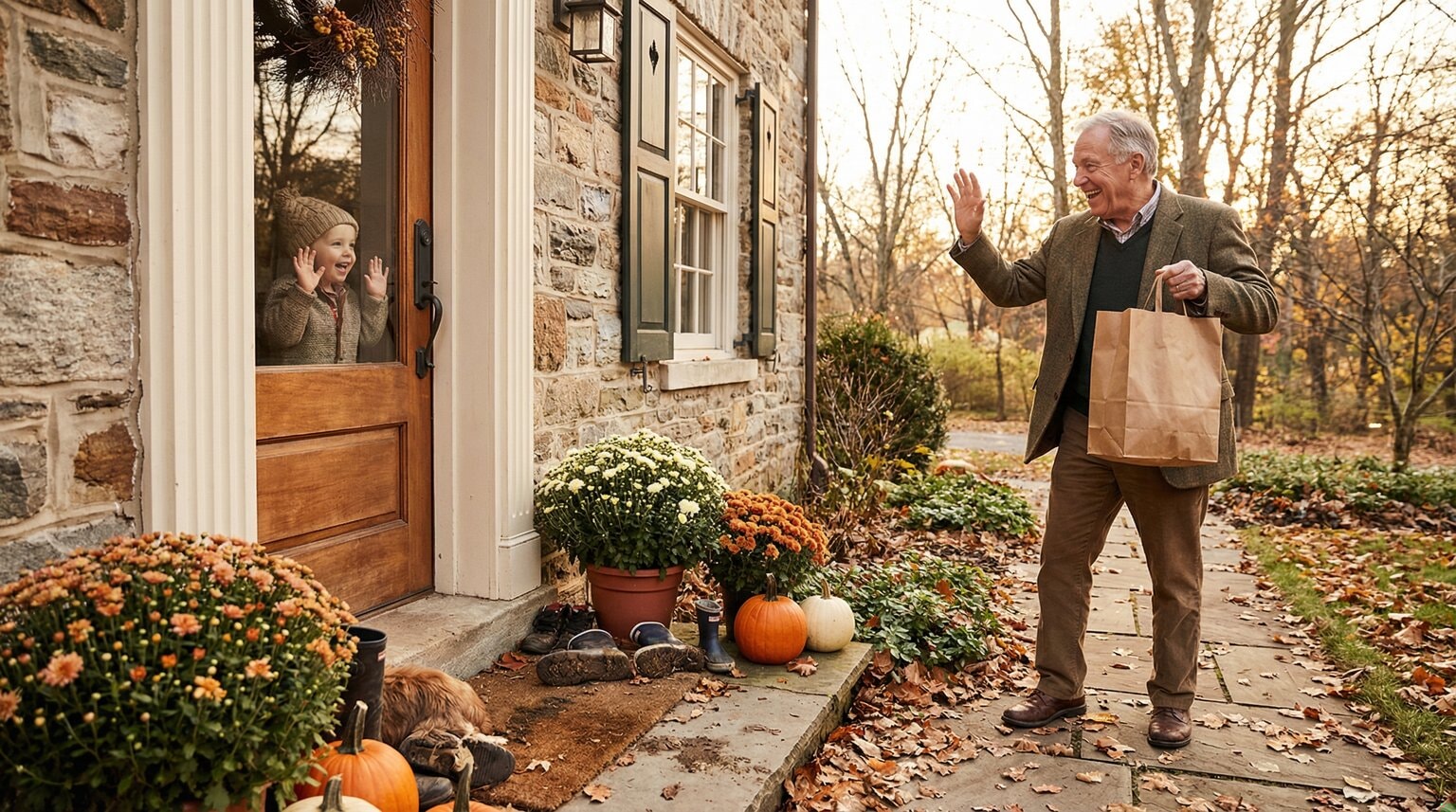 Child peeking excitedly through front door window at grandmother arriving with gift bag