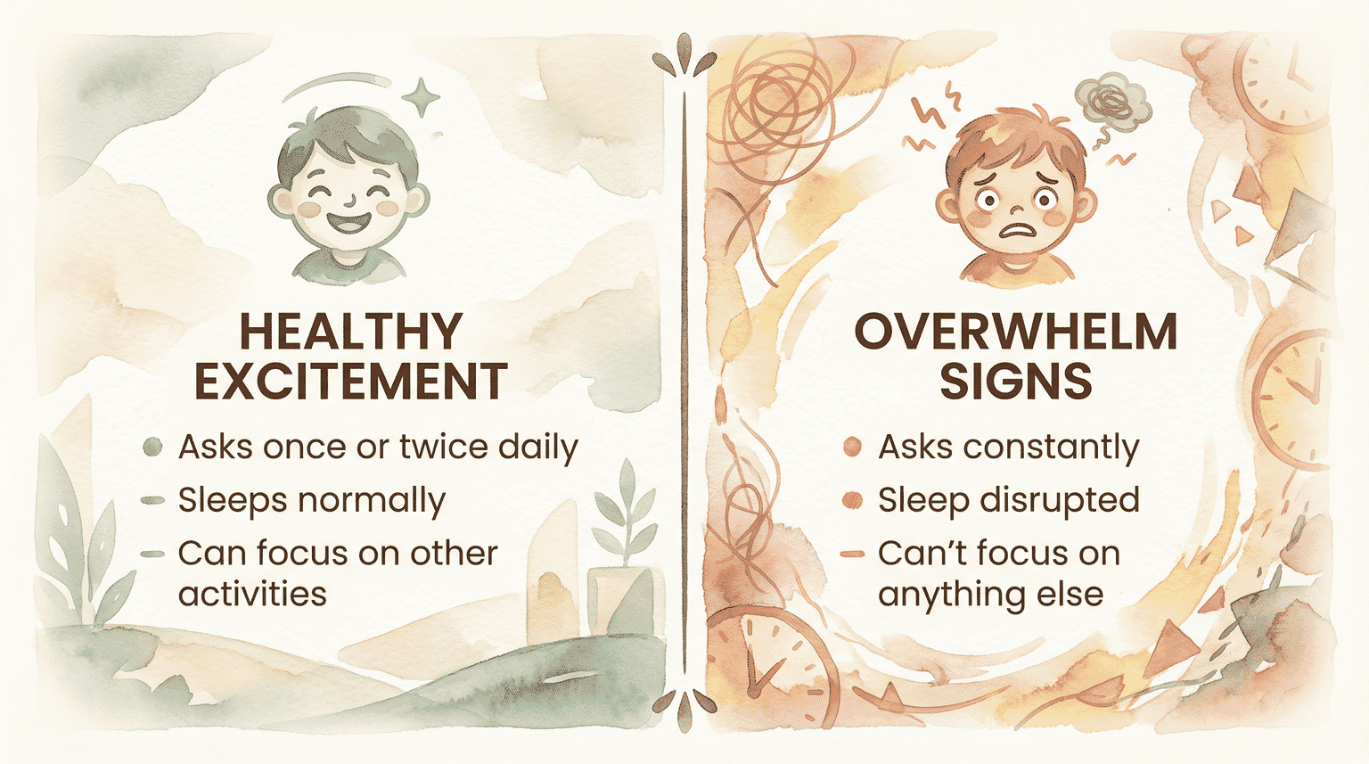 Comparison chart showing healthy excitement signs versus overwhelm warning signs in children