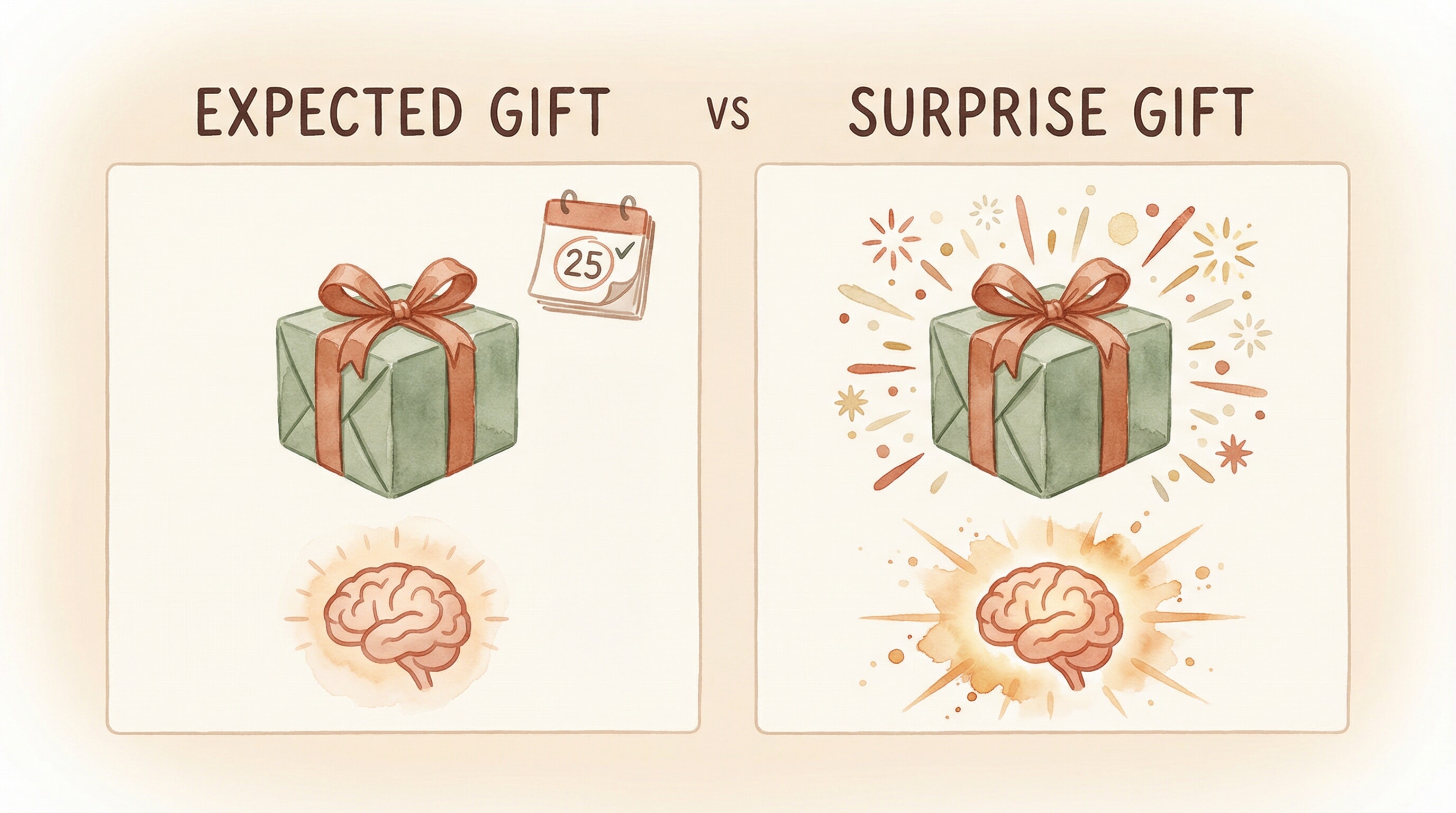 Comparison chart showing expected gifts versus surprise gifts and their different brain responses