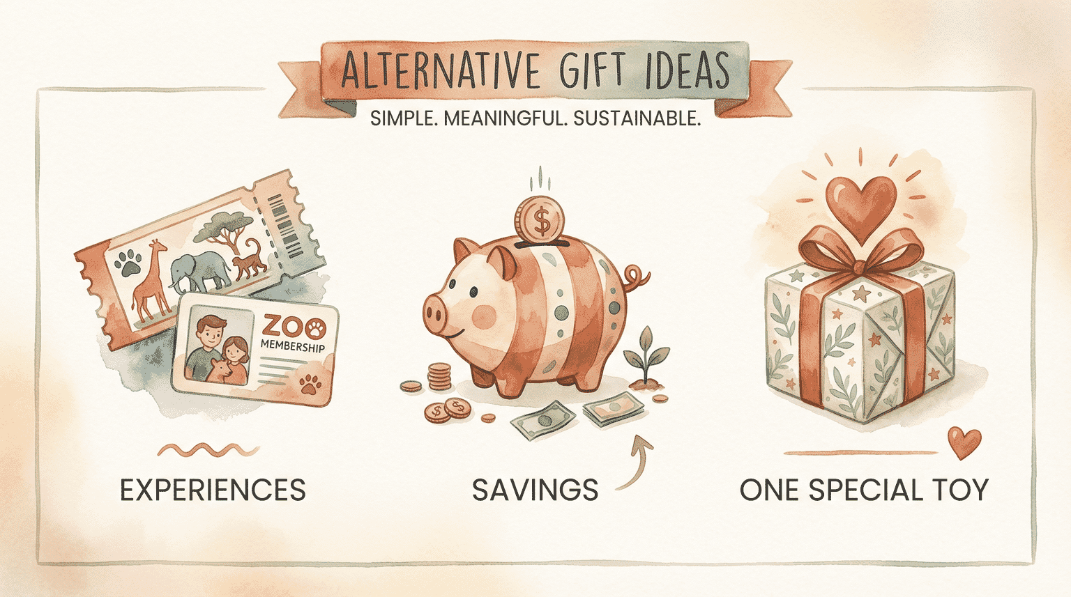 Three illustrated gift alternatives showing experiences, savings contributions, and one special toy