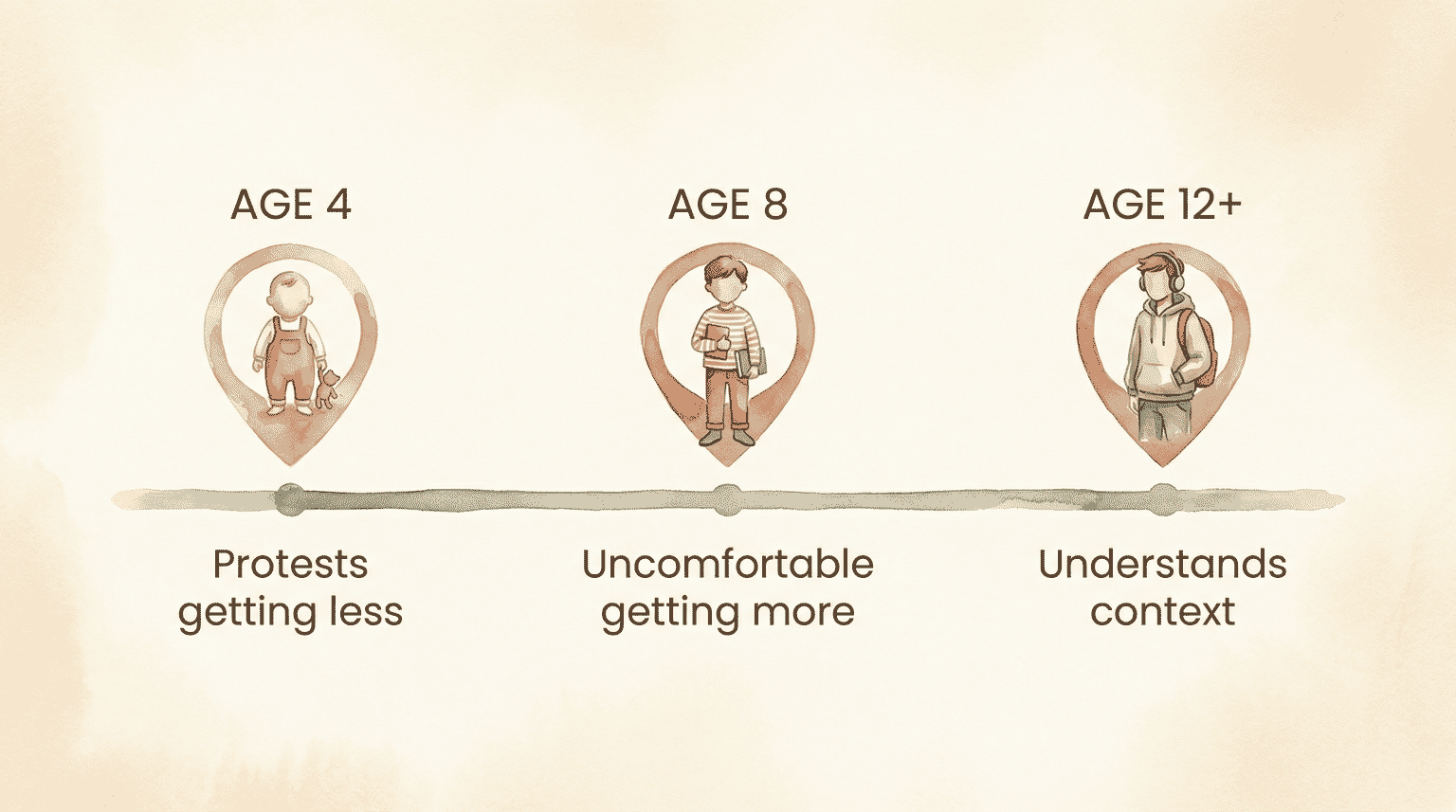 Timeline showing fairness development milestones at ages 4, 8, and 12 plus