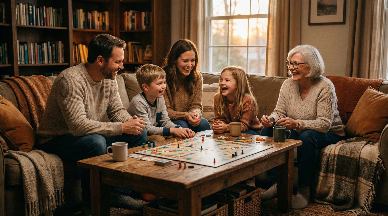 Multi-generational family laughing and engaged while playing board game together in cozy living room