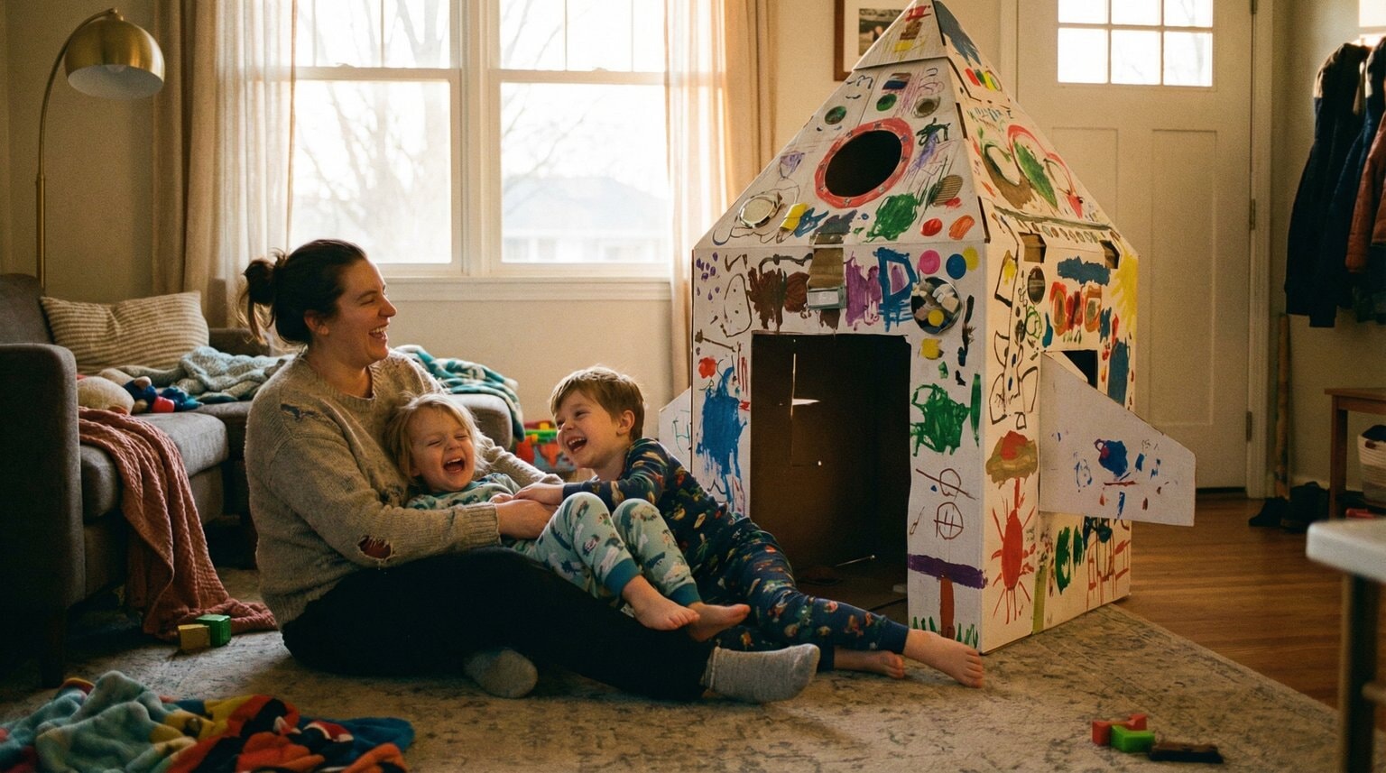 Parent and two kids laughing together playing with decorated cardboard box creation