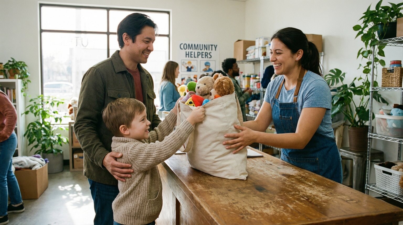 Parent and young child at donation center handing bag of toys to friendly worker