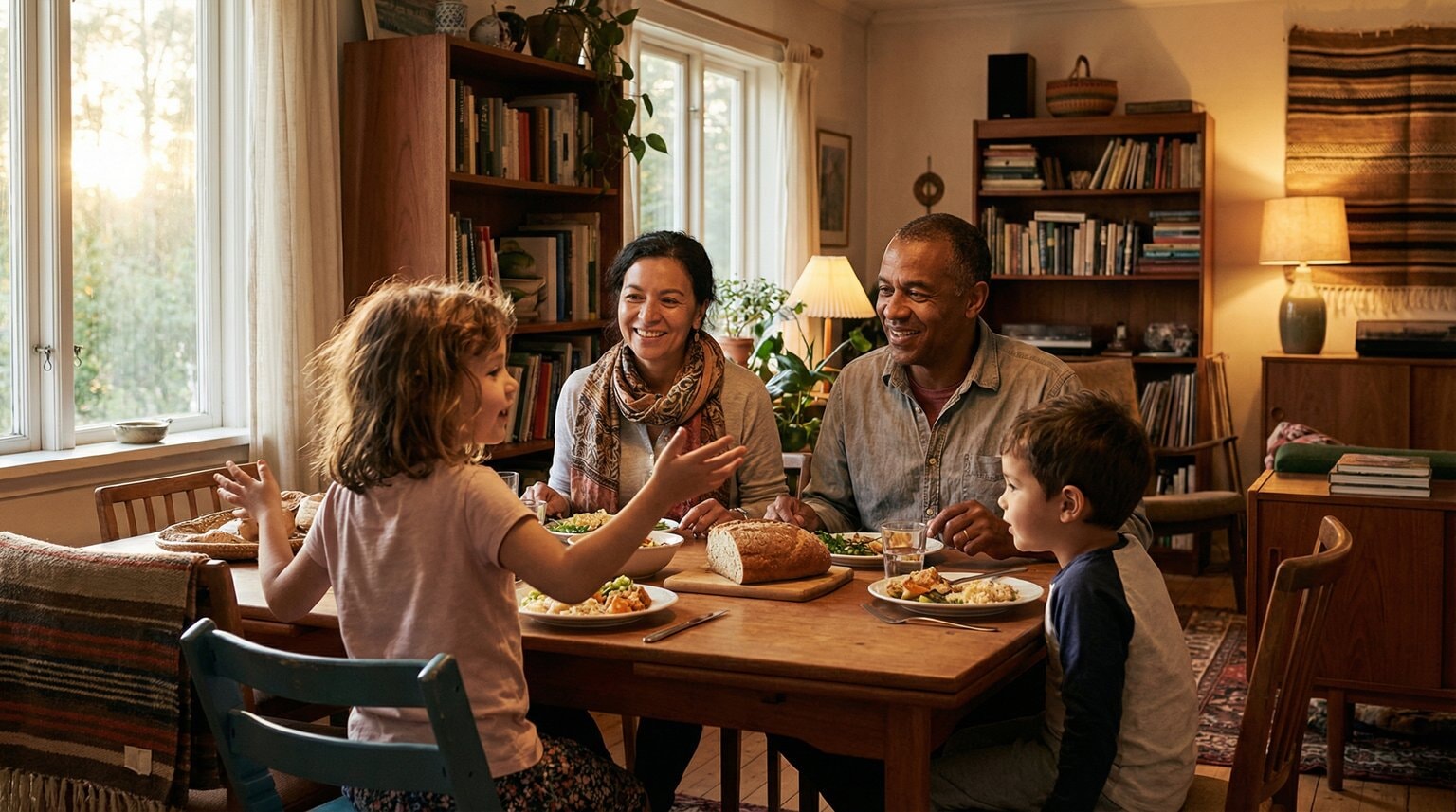 Diverse family of four at dinner table with young child animatedly sharing while others listen warmly
