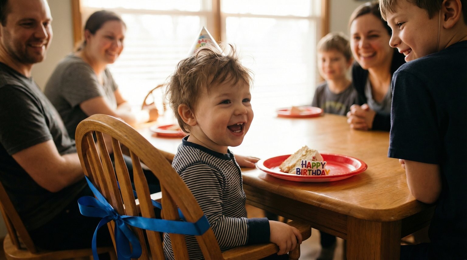 Young child sitting proudly in ribbon-decorated chair with red birthday plate while family gathers around smiling