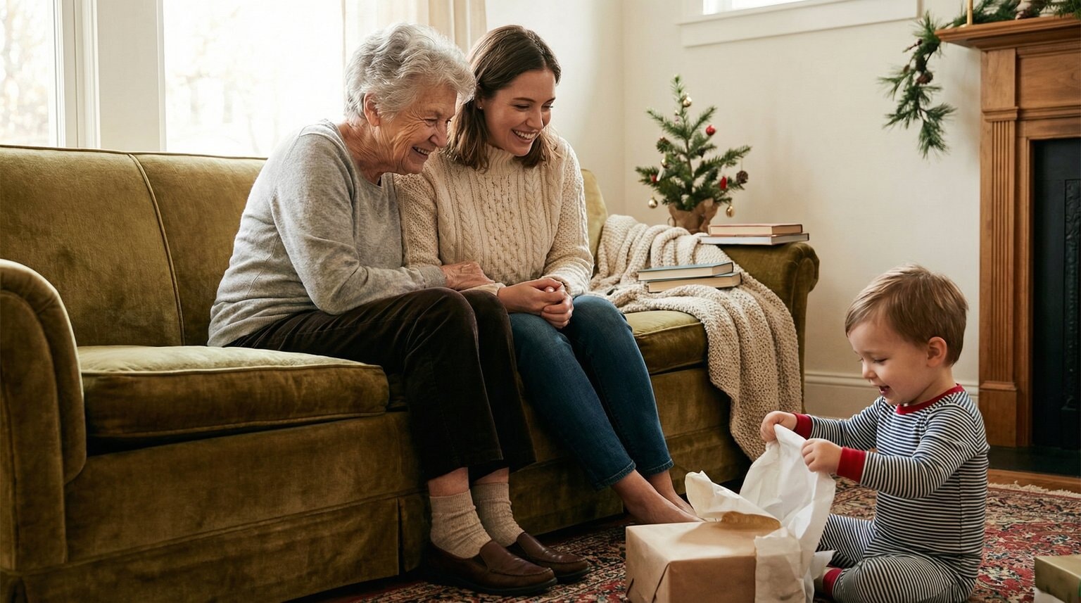 Multi-generational family sharing warm moment on couch while child opens gift nearby in cozy holiday setting