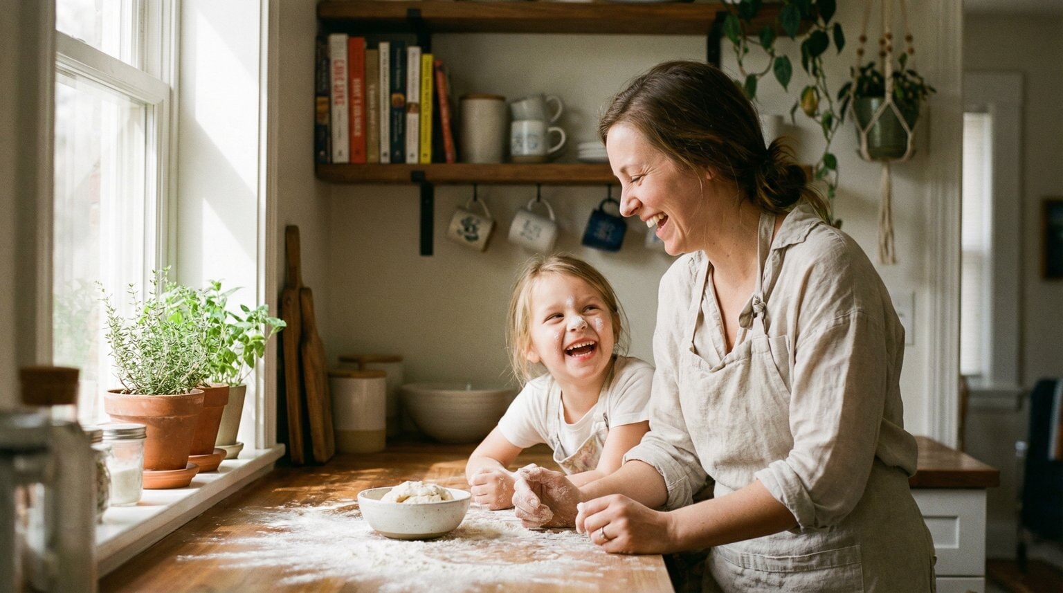 Parent and child laughing together while cooking in cozy home kitchen