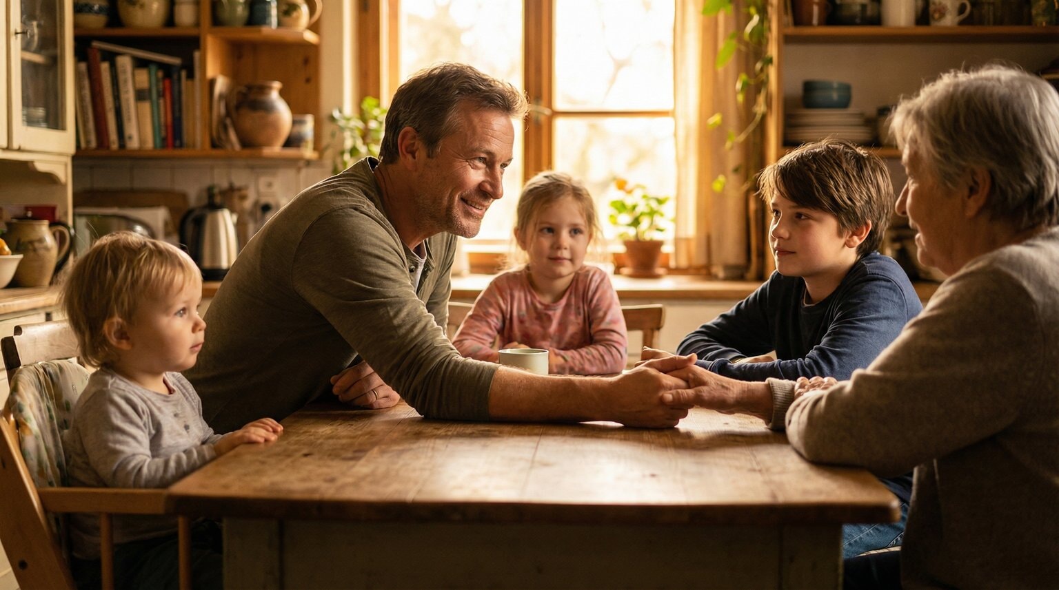 Parent expressing thanks at family dinner table while young children watch and listen